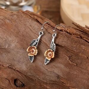 New - Copper Flower with Silver Leaf Hanging Hook Earrings